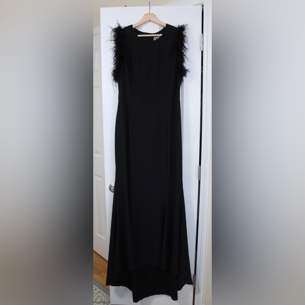 Feather trim open back fishtail maxi dress